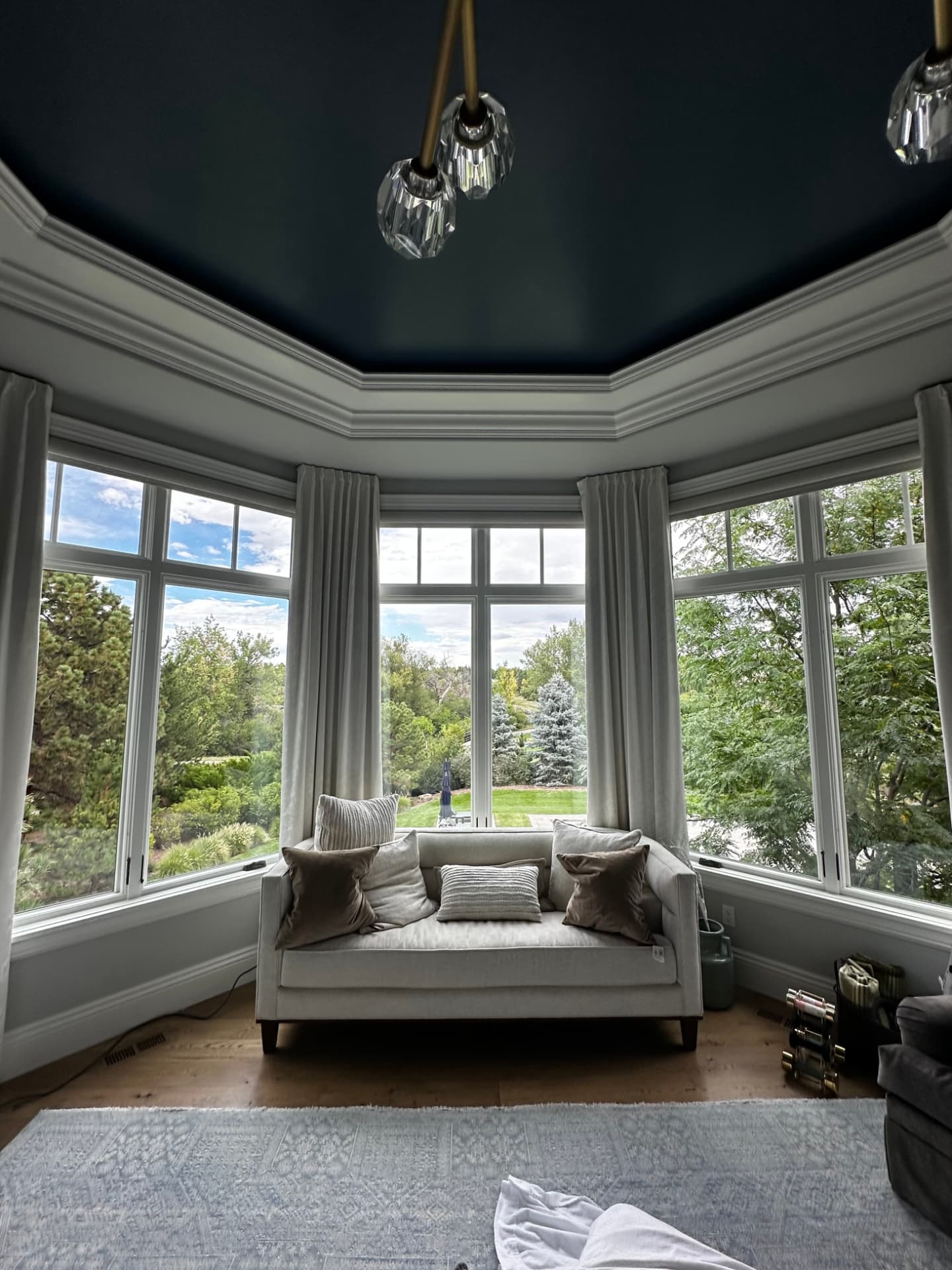 Clean interior bay windows overlooking landscaped grounds